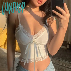 Lunivop New Y2K Lace Trim Crop Top Aesthetic White Bow Cute Sweet Mini Vest Knitted Basic Casual