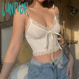 Lunivop New Y2K Lace Trim Crop Top Aesthetic White Bow Cute Sweet Mini Vest Knitted Basic Casual