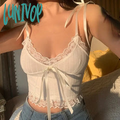 Lunivop New Y2K Lace Trim Crop Top Aesthetic White Bow Cute Sweet Mini Vest Knitted Basic Casual
