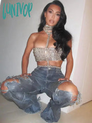Lunivop Newest Luxury Women Summer Sexy Beading Beige Black Red Bandage Crop Tops Fashion High