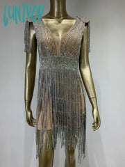 Lunivop Newest Luxury Women Summer Sexy V Neck Diamonds Tassel Mini Custome Bodycon Dress Elegant
