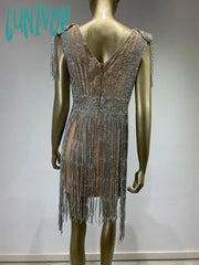 Lunivop Newest Luxury Women Summer Sexy V Neck Diamonds Tassel Mini Custome Bodycon Dress Elegant