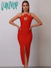 Lunivop Newest Women Celebrity Sexy V Neck Key Hole Red Black Midi Bodycon Bandage Dress Knitted
