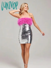 Lunivop Newest Women Sexy Strapless Ostrich Feathers Silver Sequins Bodycon Dress High Street