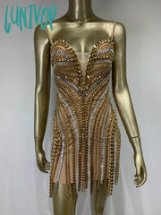 Lunivop Newest Women Summer Luxury Sexy Sleeveless Diamonds Chain Gold Mini Gowns Dress Elegant