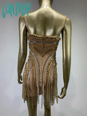 Lunivop Newest Women Summer Luxury Sexy Sleeveless Diamonds Chain Gold Mini Gowns Dress Elegant