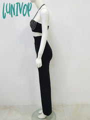 Lunivop Newest Women Summer Sexy Backless Halter Diamonds Crystal Black Pants Bandage Set Crop Top
