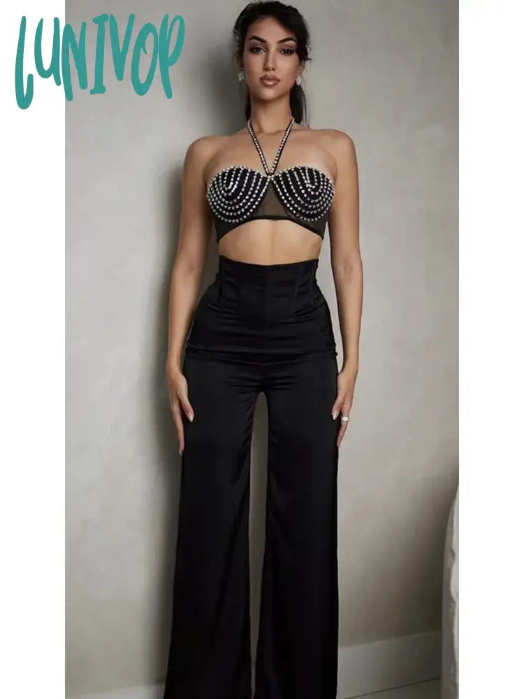 Lunivop Newest Women Summer Sexy Backless Halter Diamonds Crystal Black Pants Bandage Set Crop Top