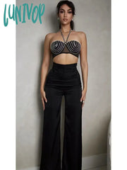 Lunivop Newest Women Summer Sexy Backless Halter Diamonds Crystal Black Pants Bandage Set Crop Top