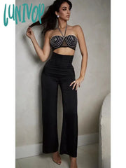 Lunivop Newest Women Summer Sexy Backless Halter Diamonds Crystal Black Pants Bandage Set Crop Top