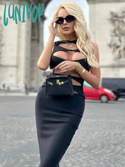 Lunivop Newest Women Summer Sexy Cut Out O Neck Black White Maxi Long Bodycon Skirt Bandage Set