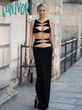 Lunivop Newest Women Summer Sexy Cut Out O Neck Black White Maxi Long Bodycon Skirt Bandage Set
