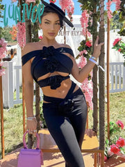 Lunivop Newest Women Summer Sexy Off Shoulder Flower Cut Out Black Pants Bandage Set Celebrity