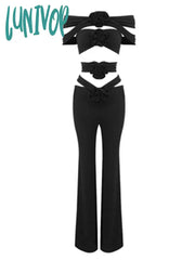 Lunivop Newest Women Summer Sexy Off Shoulder Flower Cut Out Black Pants Bandage Set Celebrity