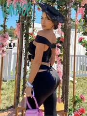 Lunivop Newest Women Summer Sexy Off Shoulder Flower Cut Out Black Pants Bandage Set Celebrity