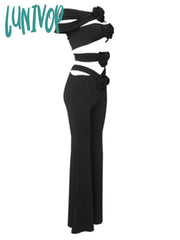 Lunivop Newest Women Summer Sexy Off Shoulder Flower Cut Out Black Pants Bandage Set Celebrity
