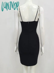 Lunivop Newest Women Summer Style Sexy Sleeveless V Neck Pearl Black Mini Bodycon Bandage Dress