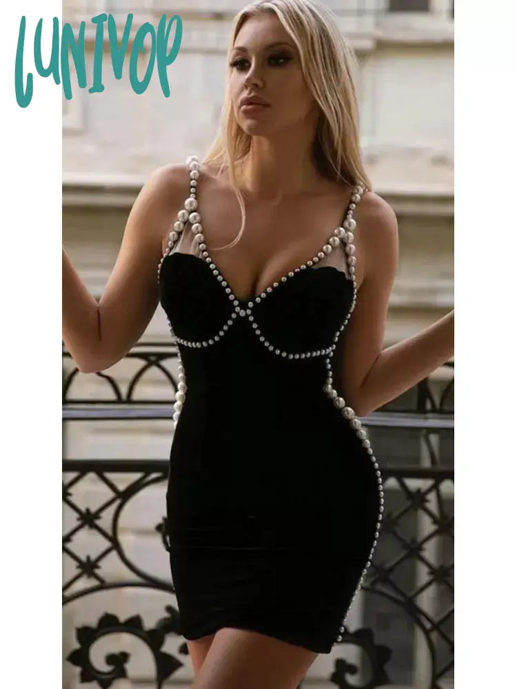 Lunivop Newest Women Summer Style Sexy Sleeveless V Neck Pearl Black Mini Bodycon Bandage Dress