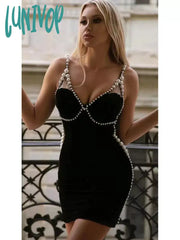 Lunivop Newest Women Summer Style Sexy Sleeveless V Neck Pearl Black Mini Bodycon Bandage Dress