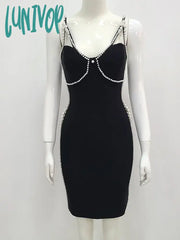 Lunivop Newest Women Summer Style Sexy Sleeveless V Neck Pearl Black Mini Bodycon Bandage Dress