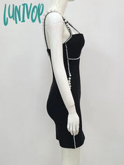 Lunivop Newest Women Summer Style Sexy Sleeveless V Neck Pearl Black Mini Bodycon Bandage Dress