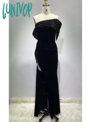 Lunivop Newest Women Winter Sexy Off Shoulder Glitter Velvet Black Maxi Long Bodycon Dress Elegant