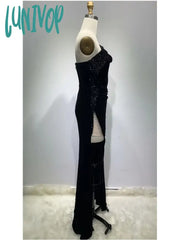 Lunivop Newest Women Winter Sexy Off Shoulder Glitter Velvet Black Maxi Long Bodycon Dress Elegant