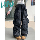 non binary outfits American-Style Washed Worn Multi-Pocket Workwear Jeans Women's Street Straight Loose Wide-Leg Trousers