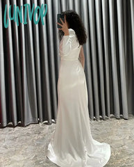 Lunivop O-Neck Pleated Evening Dresses With Sleeve Sexy Floor-Length Mermaid Gown Sweep Court Arab