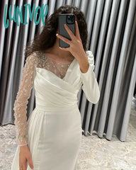 Lunivop O-Neck Pleated Evening Dresses With Sleeve Sexy Floor-Length Mermaid Gown Sweep Court Arab