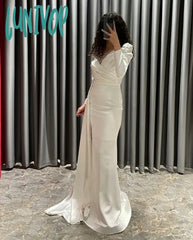 Lunivop O-Neck Pleated Evening Dresses With Sleeve Sexy Floor-Length Mermaid Gown Sweep Court Arab