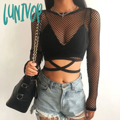 Lunivop O Neck Transparent Long Sleeve Mesh Crop Top Women Crew Fish Net Sheer T-Shirt Tops Female