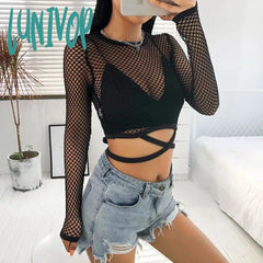 Lunivop O Neck Transparent Long Sleeve Mesh Crop Top Women Crew Fish Net Sheer T-Shirt Tops Female
