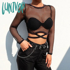 Lunivop O Neck Transparent Long Sleeve Mesh Crop Top Women Crew Fish Net Sheer T-Shirt Tops Female