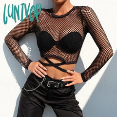 Lunivop O Neck Transparent Long Sleeve Mesh Crop Top Women Crew Fish Net Sheer T-Shirt Tops Female