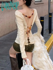 Lunivop Off Shoulder Blackless T Shirts Women Sexy Coquette Aesthetic Crop Tops Wooden Beaded Solid