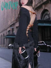 Lunivop Off Shoulder Blackless T Shirts Women Sexy Coquette Aesthetic Crop Tops Wooden Beaded Solid