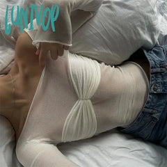 Lunivop Off Shoulder Knit Sheer Tops For Women Summer White Lace Twist T-Shirt Femme Long Sleeve