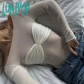 Lunivop Off Shoulder Knit Sheer Tops For Women Summer White Lace Twist T-Shirt Femme Long Sleeve