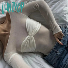 Lunivop Off Shoulder Knit Sheer Tops For Women Summer White Lace Twist T-Shirt Femme Long Sleeve