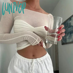 Lunivop Off Shoulder Knit Sheer Tops For Women Summer White Lace Twist T-Shirt Femme Long Sleeve