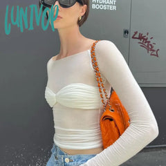 Lunivop Off Shoulder Knit Sheer Tops For Women Summer White Lace Twist T-Shirt Femme Long Sleeve