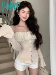 Lunivop Off Shoulder Lace T Shirts Women Korean Fashion Fairycore Elegant Style Crop Tops Sexy