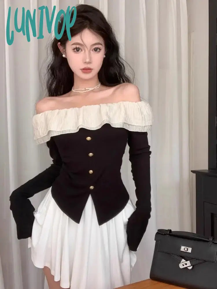 Lunivop Off Shoulder Lace T Shirts Women Korean Fashion Fairycore Elegant Style Crop Tops Sexy