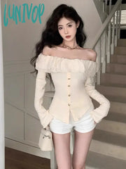 Lunivop Off Shoulder Lace T Shirts Women Korean Fashion Fairycore Elegant Style Crop Tops Sexy