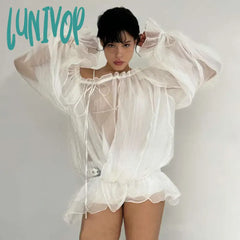 Lunivop Off Shoulder See Through Long Sleeve T Shirt Women Sexy Mesh Lace Up Flare White Loose