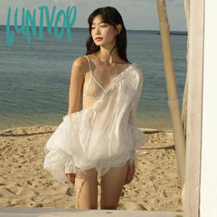 Lunivop Off Shoulder See Through Long Sleeve T Shirt Women Sexy Mesh Lace Up Flare White Loose