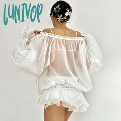 Lunivop Off Shoulder See Through Long Sleeve T Shirt Women Sexy Mesh Lace Up Flare White Loose