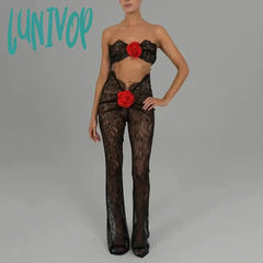 Lunivop Off Shoulder Sexy Cut Out Jumpsuits Outfit Unitards Sheer Lace Floral Applique Strapless
