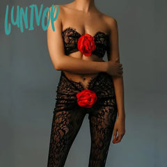 Lunivop Off Shoulder Sexy Cut Out Jumpsuits Outfit Unitards Sheer Lace Floral Applique Strapless